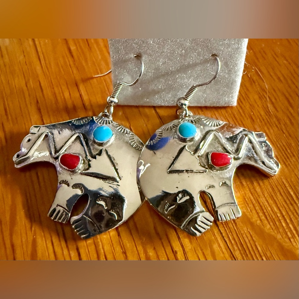 Silver and Blue Southwestern Bear Earrings